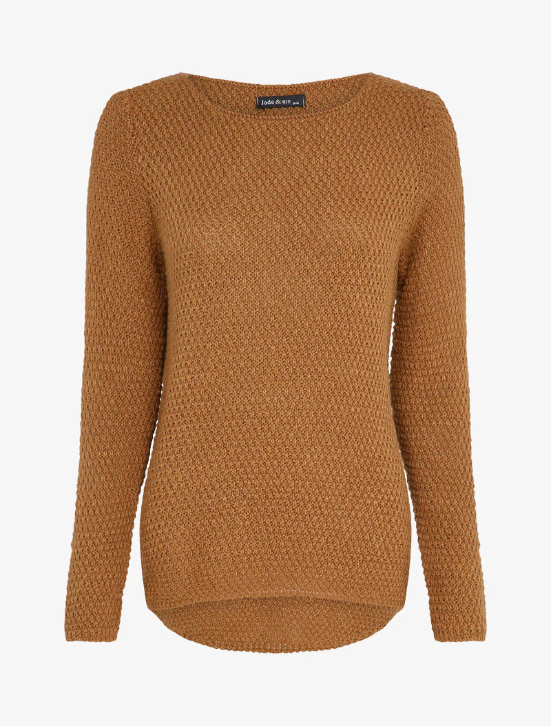 Pull long à dos en maille ajourée - Camel
