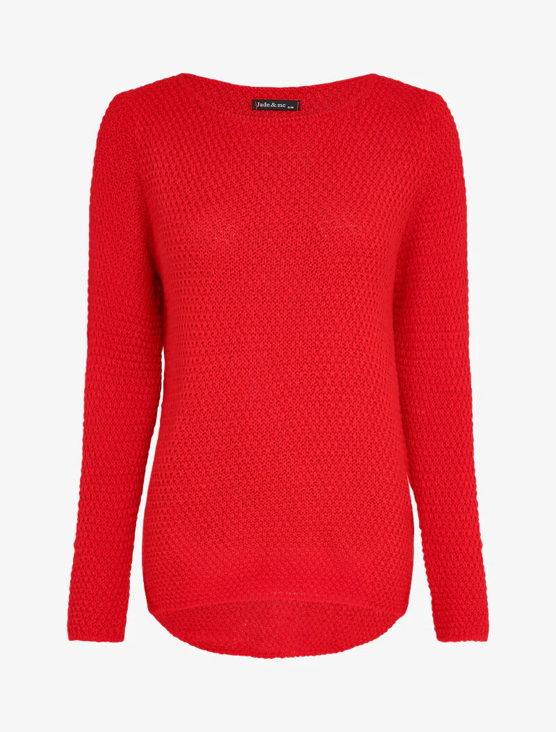Pull long à dos en maille ajourée - Rouge