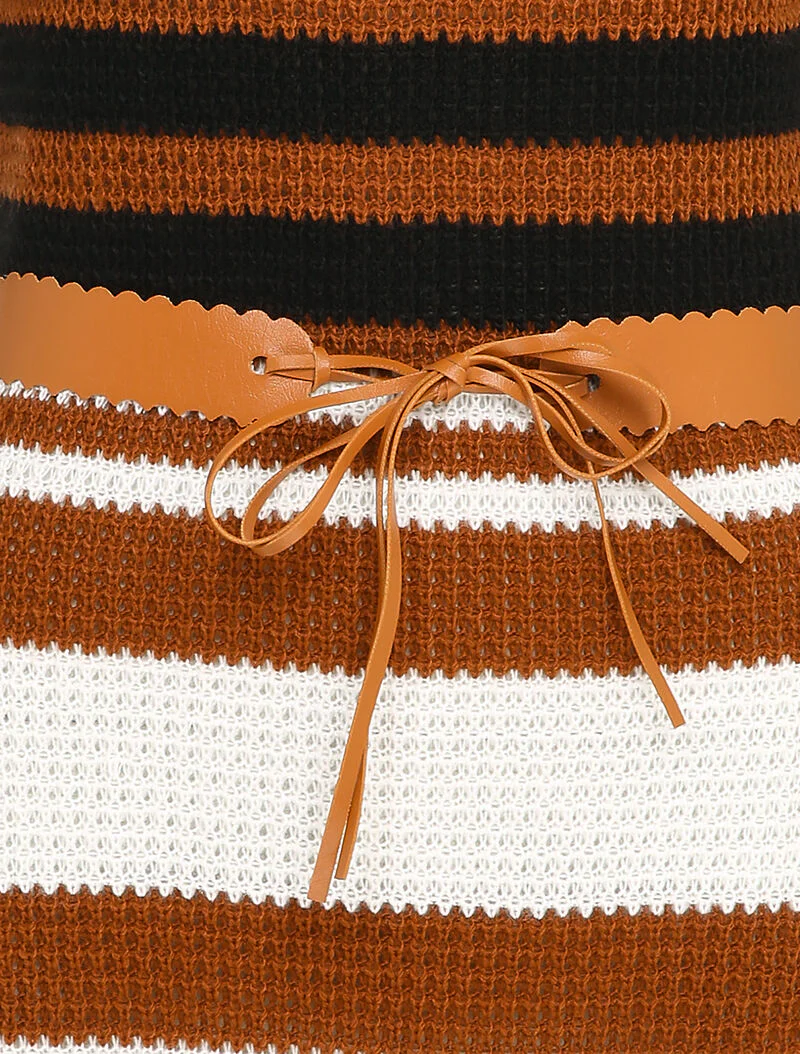 Pull long à rayures et ceinture contrastante - Camel - Image 3