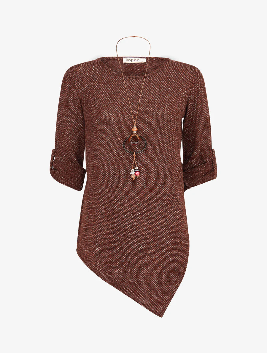 Pull long asymétrique et lamé - Marron