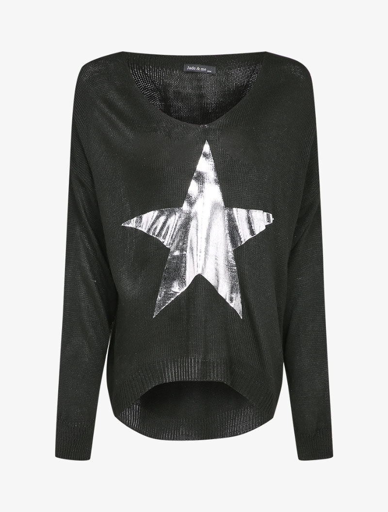 Pull long oversize à motif étoile argentée - Noir