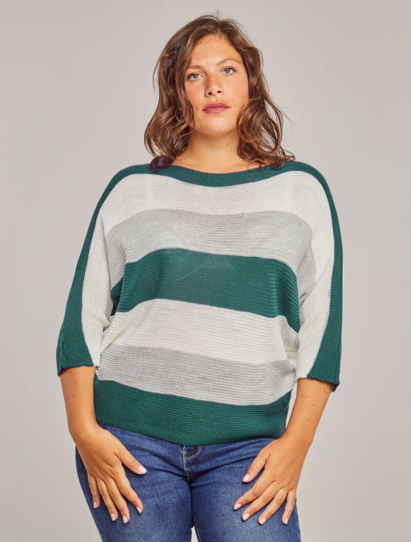 Pull loose à imprimé rayé et manches dolman - Bleu canard - Image 4