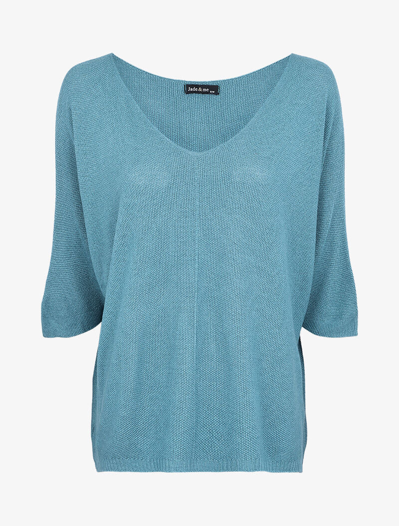 Pull loose en maille fine à manches 3/4 - Bleu charrette