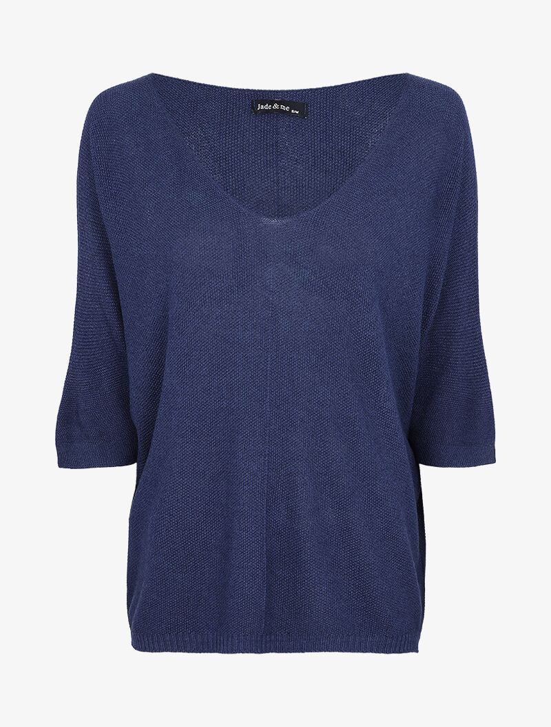 Pull loose en maille fine à manches 3/4 - Marine