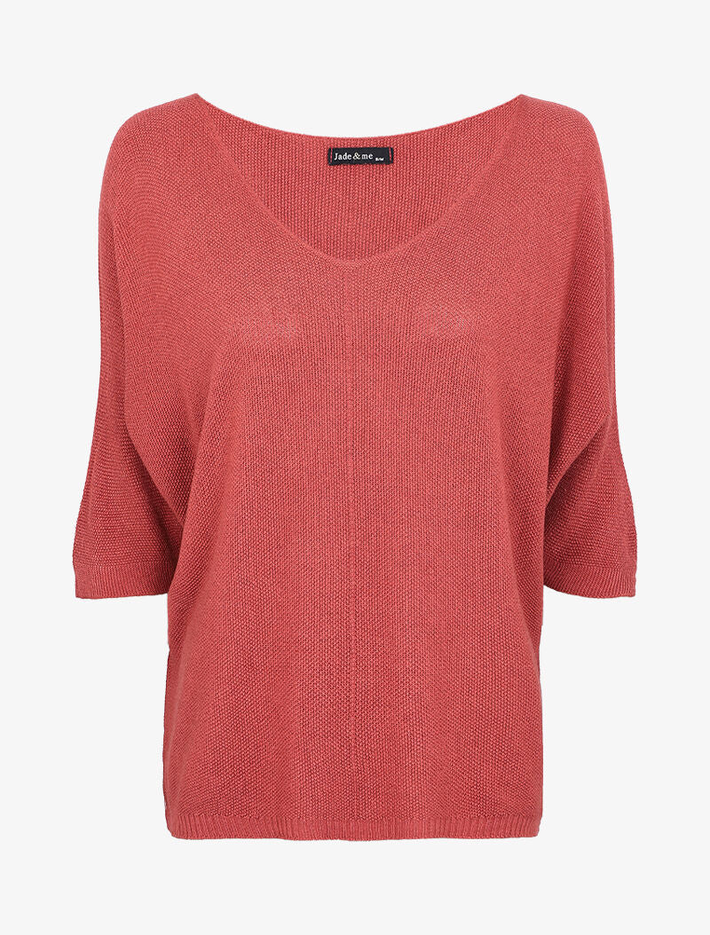 Pull loose en maille fine à manches 3/4 - Rose foncé