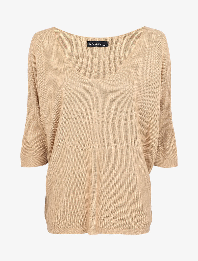 Pull loose en maille fine à manches 3/4 - Beige
