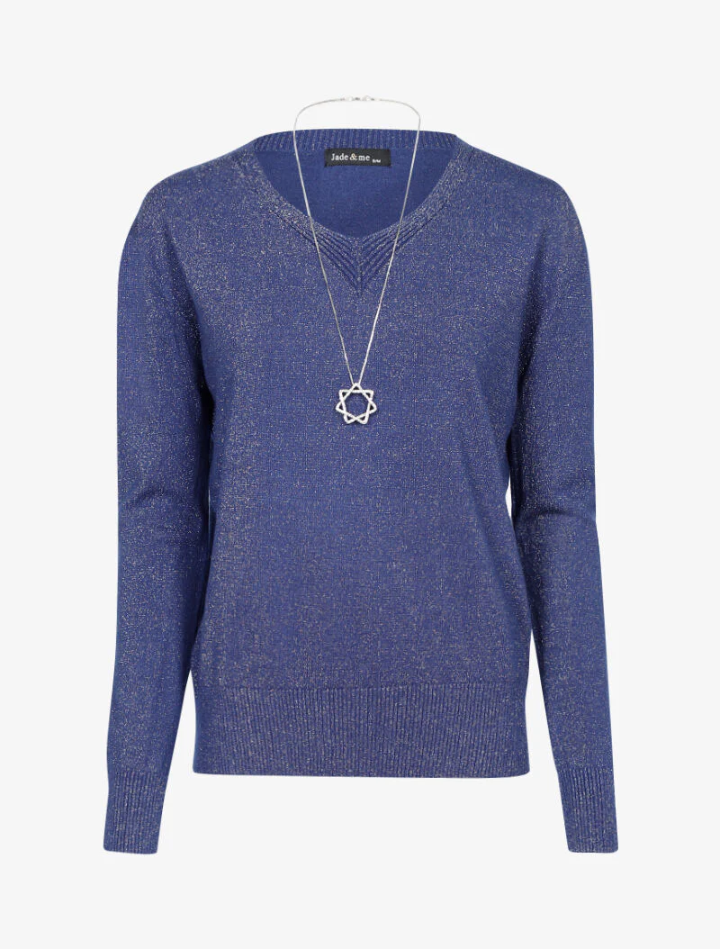 Pull loose pailleté à col V - bleu
