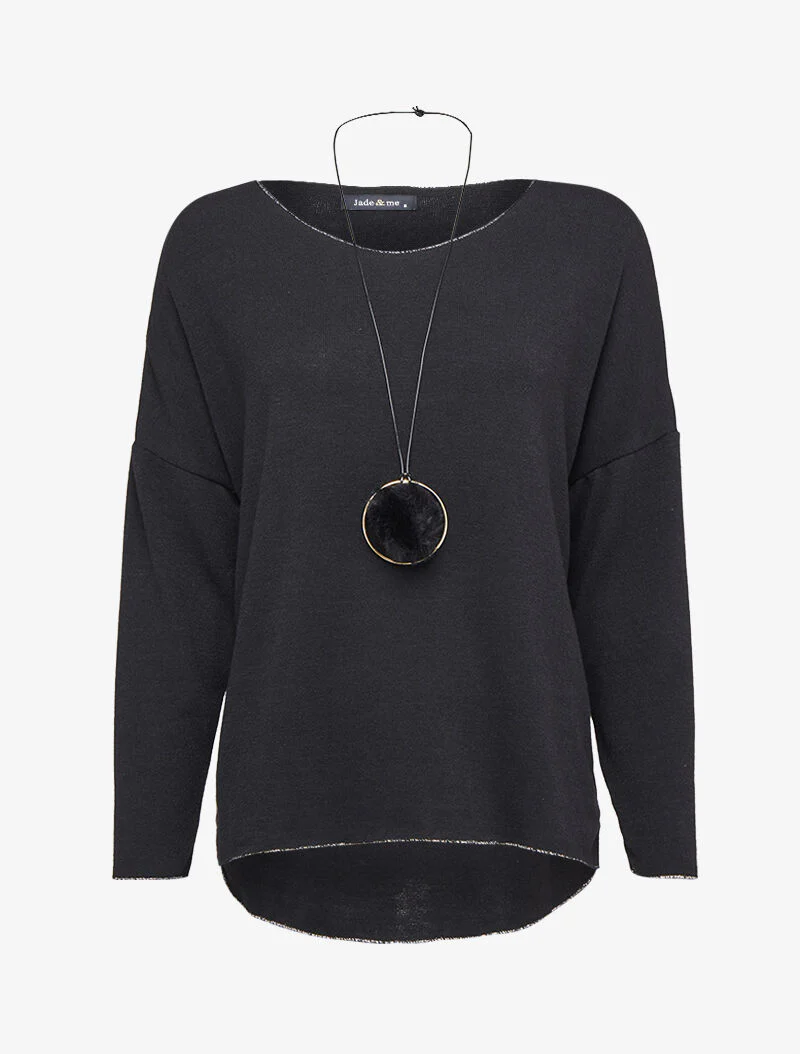 Pull oversize à liserés irisés avec sautoir - Noir