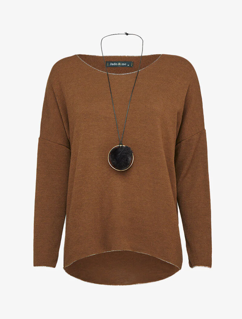 Pull oversize à liserés irisés avec sautoir - Marron