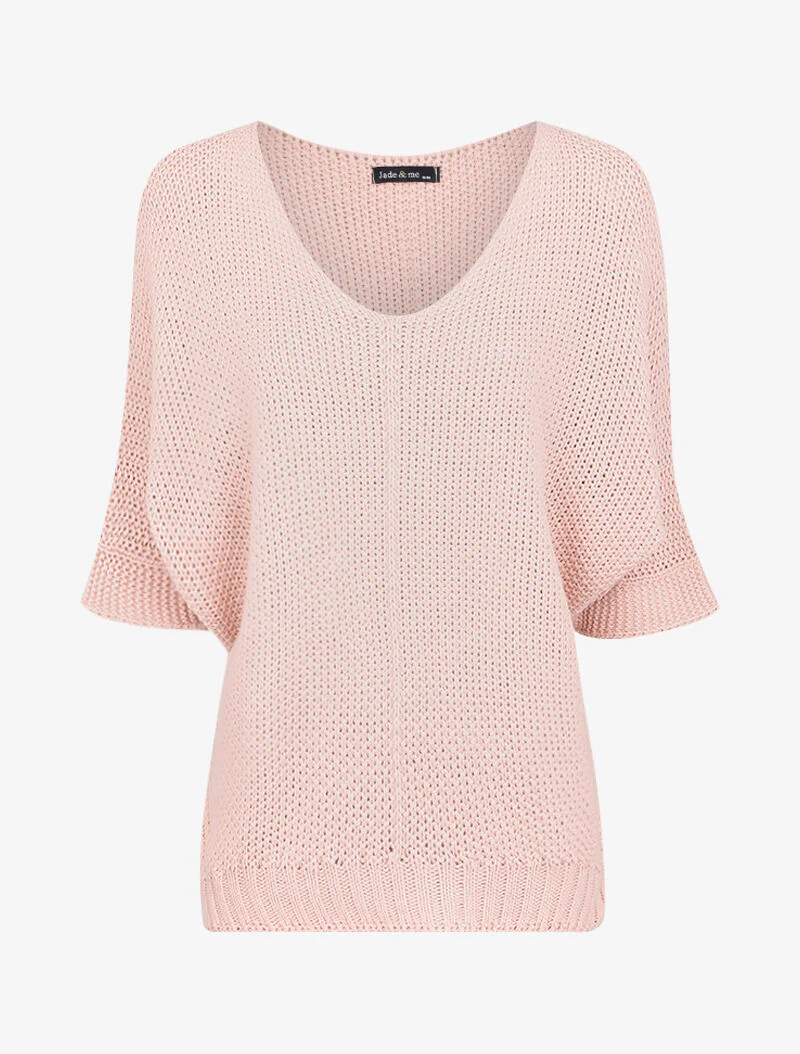 Pull oversize à manches 3/4 et col U - Rose poudré