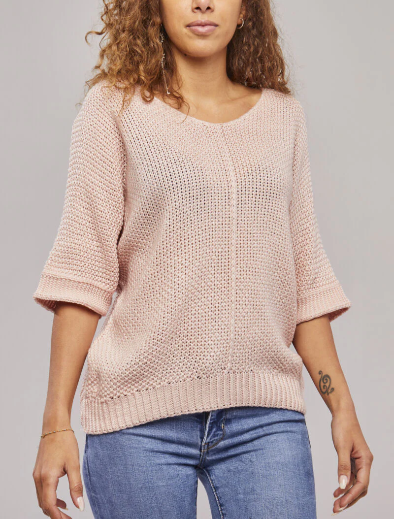 Pull oversize à manches 3/4 et col U - Rose poudré - Image 4