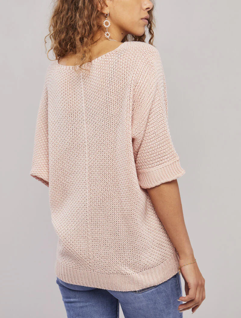 Pull oversize à manches 3/4 et col U - Rose poudré - Image 5