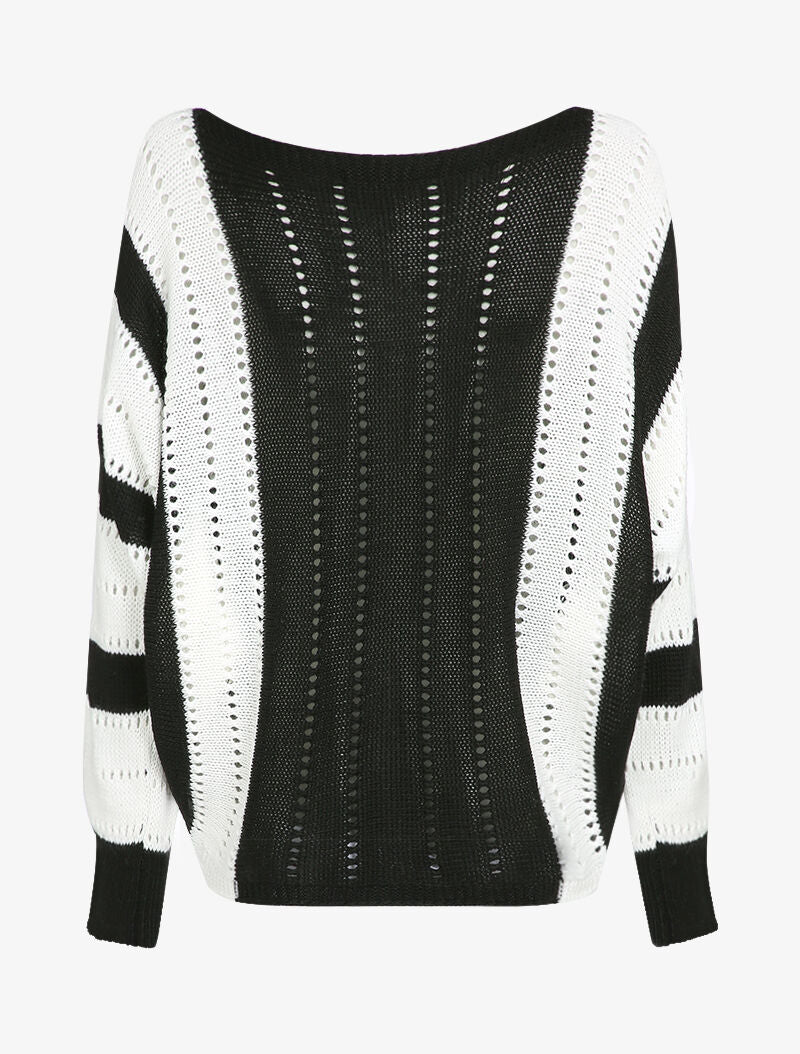 Pull oversize chauve-souris en maille ajourée - Noir/blanc - Image 2
