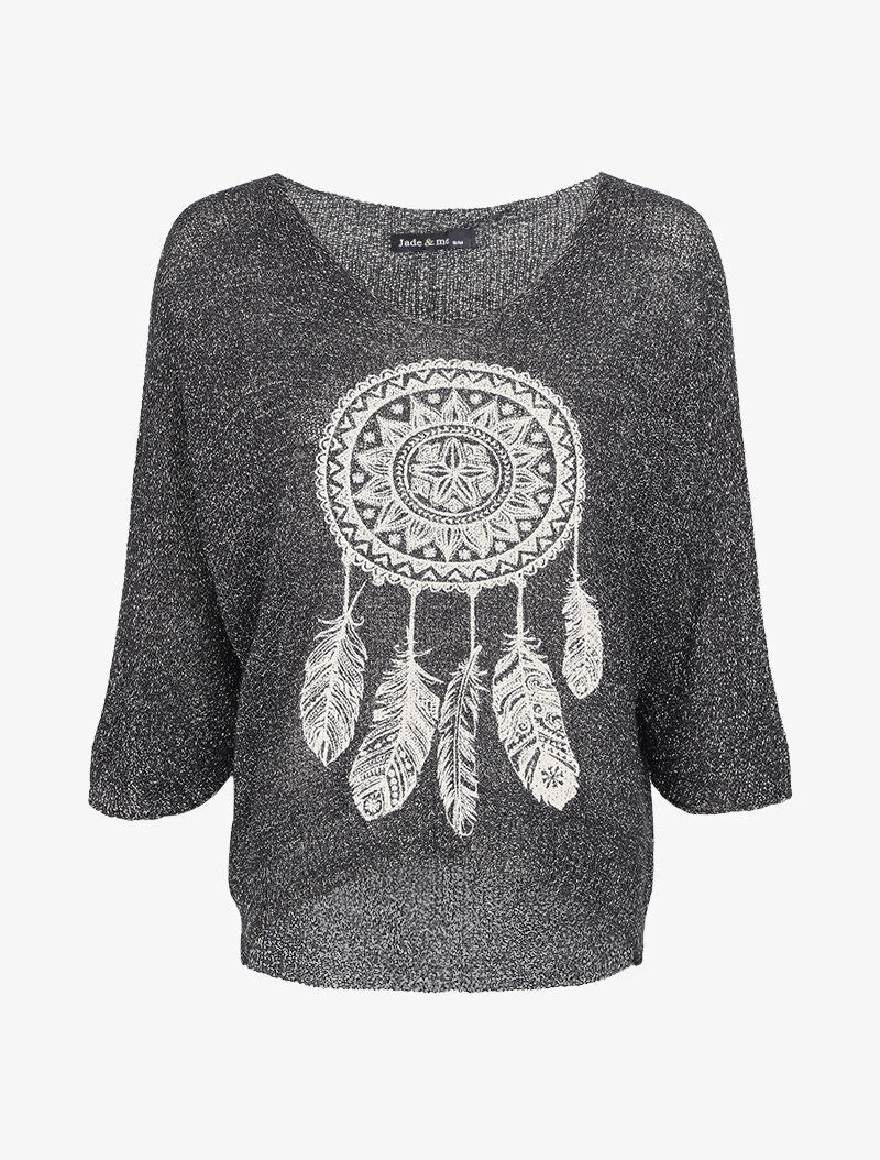 Pull oversize en maille crochet imprimé - Noir