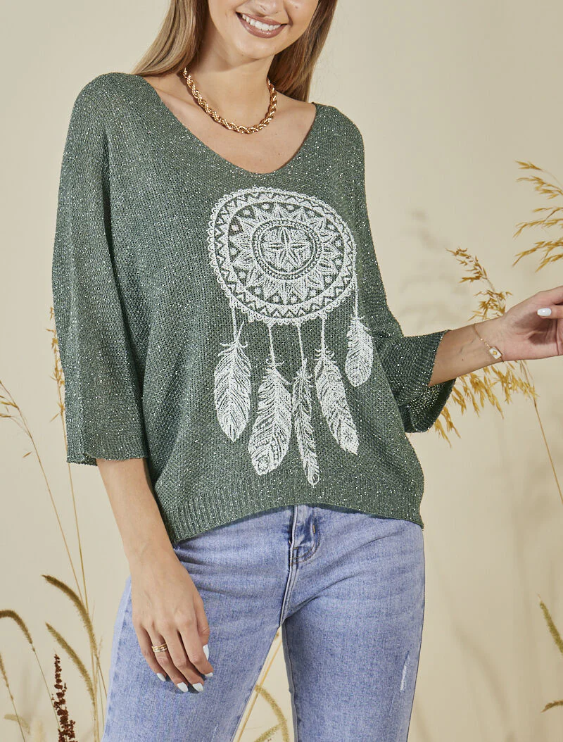 Pull oversize en maille crochet imprimé - Kaki
