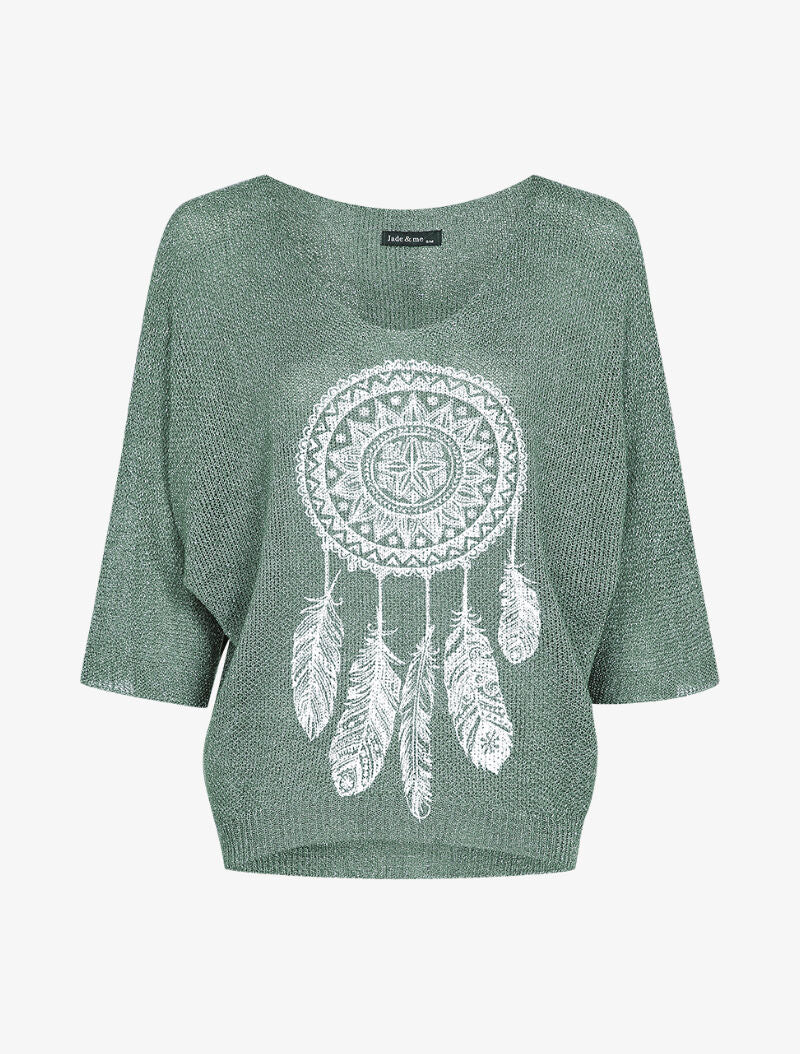 Pull oversize en maille crochet imprimé - Kaki - Image 2
