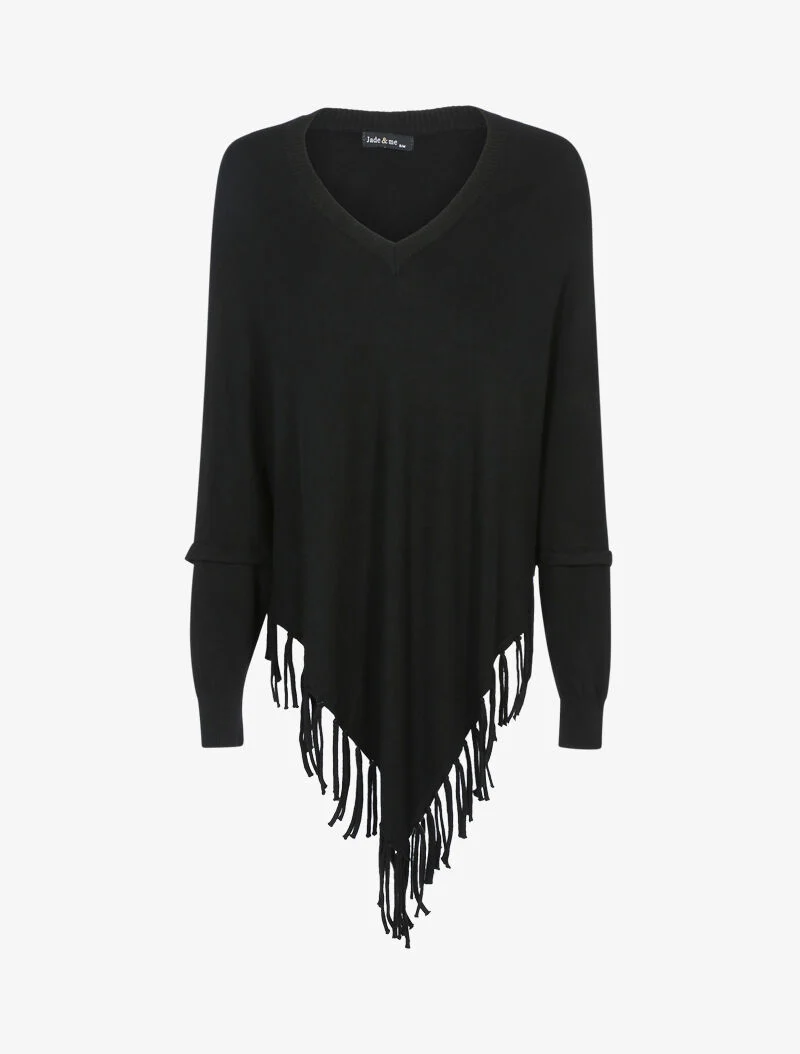 Pull poncho à franges - noir
