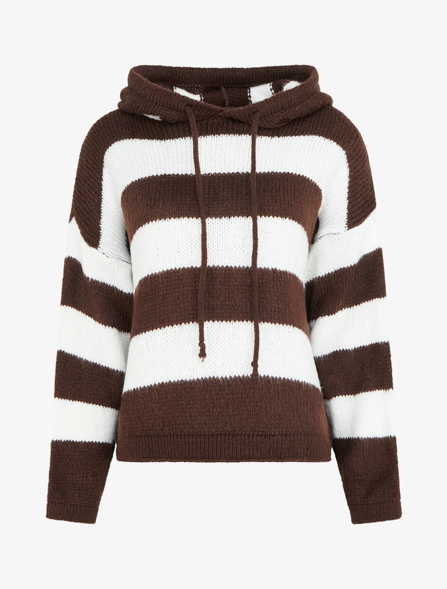 Pull rayé à capuche - Marron - Image 2