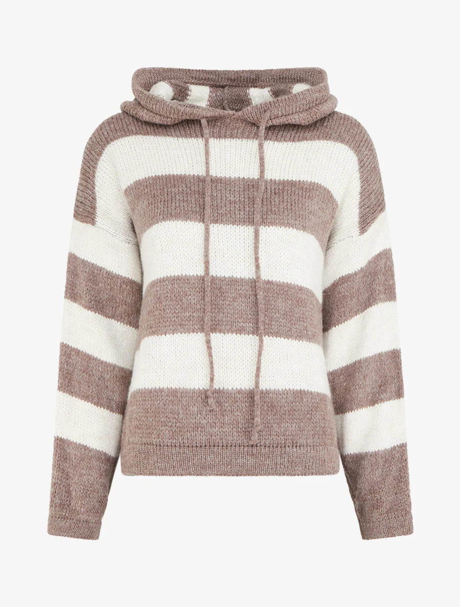 Pull rayé à capuche - Taupe