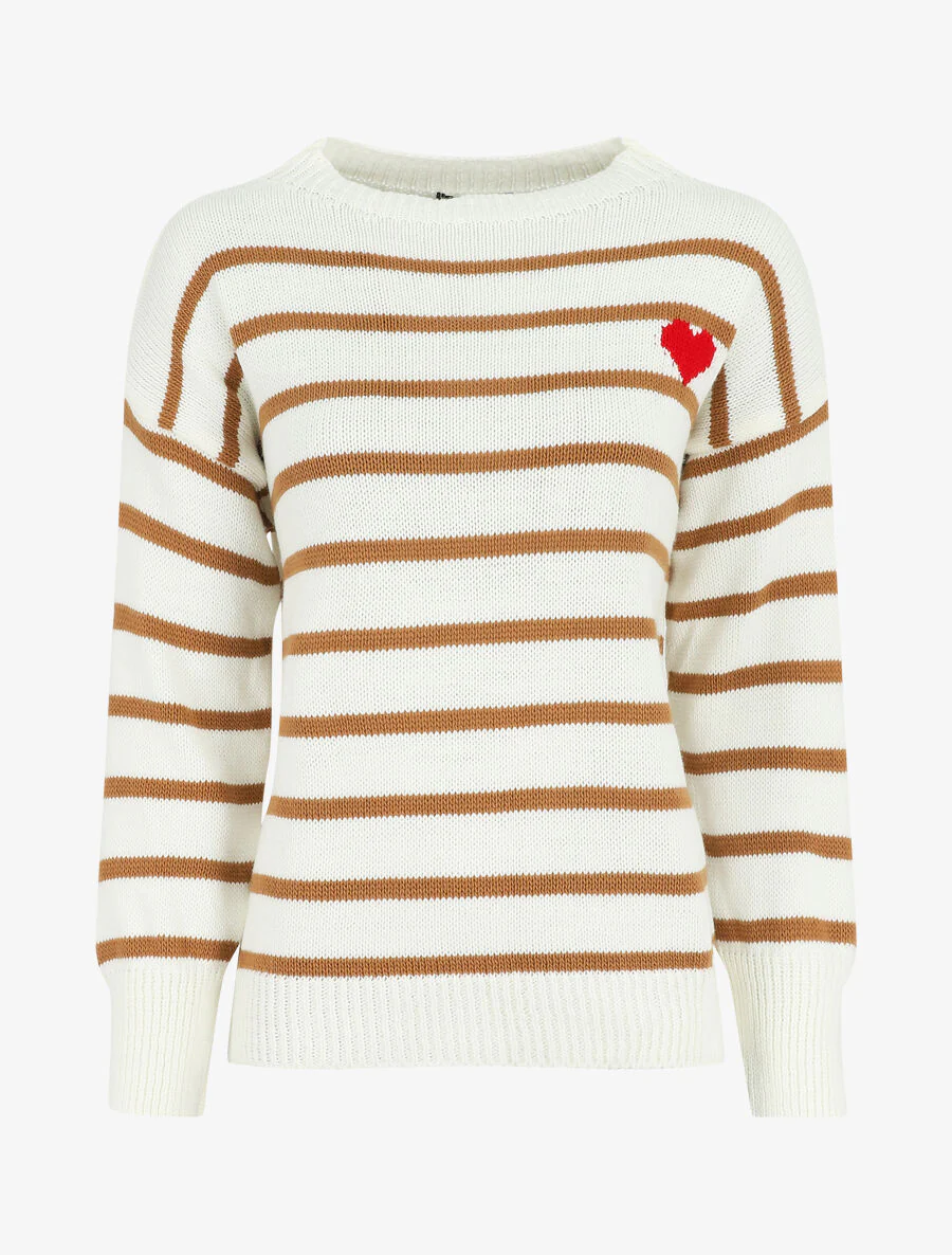 Pull rayé à coeur - Camel