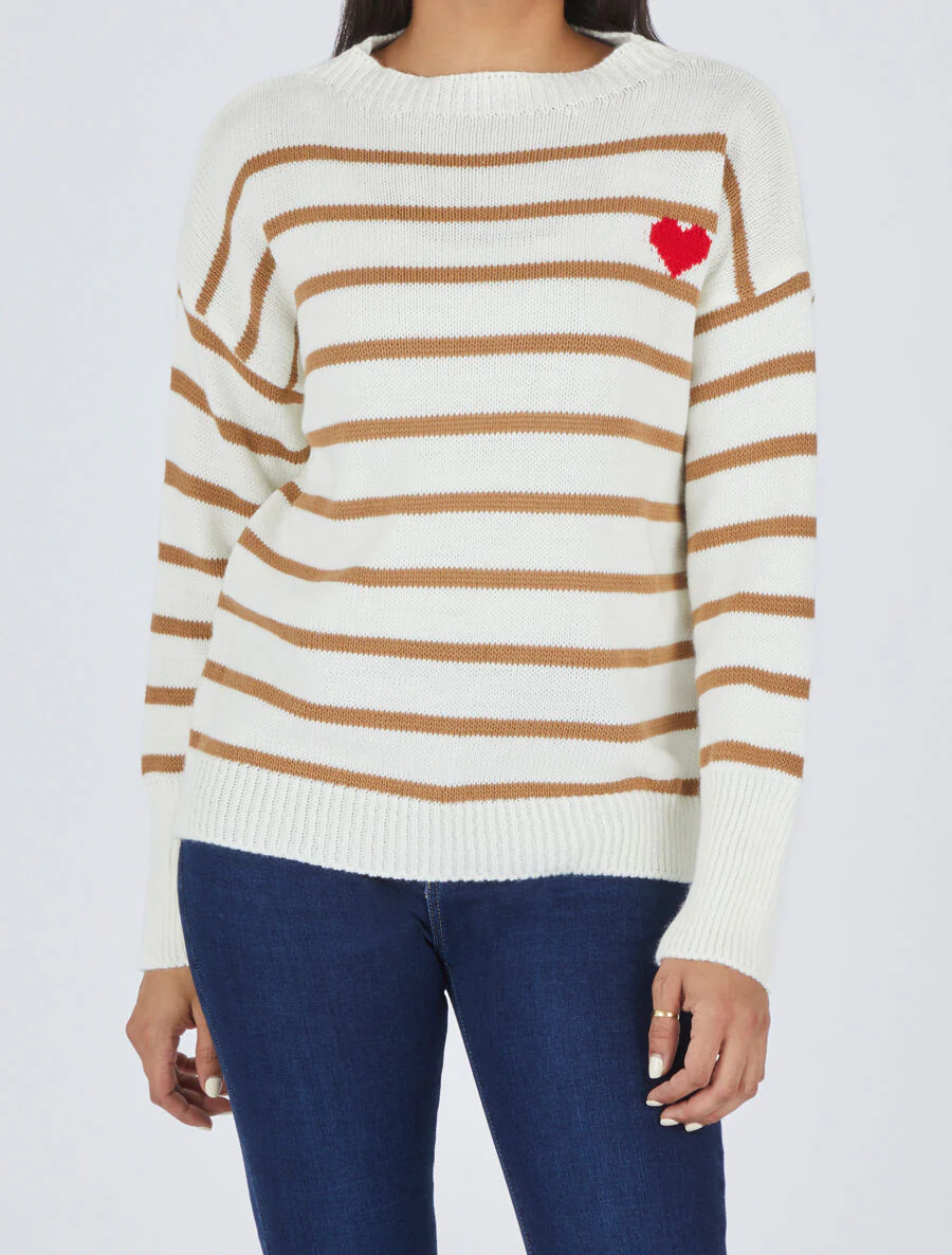 Pull rayé à coeur - Camel - Image 4