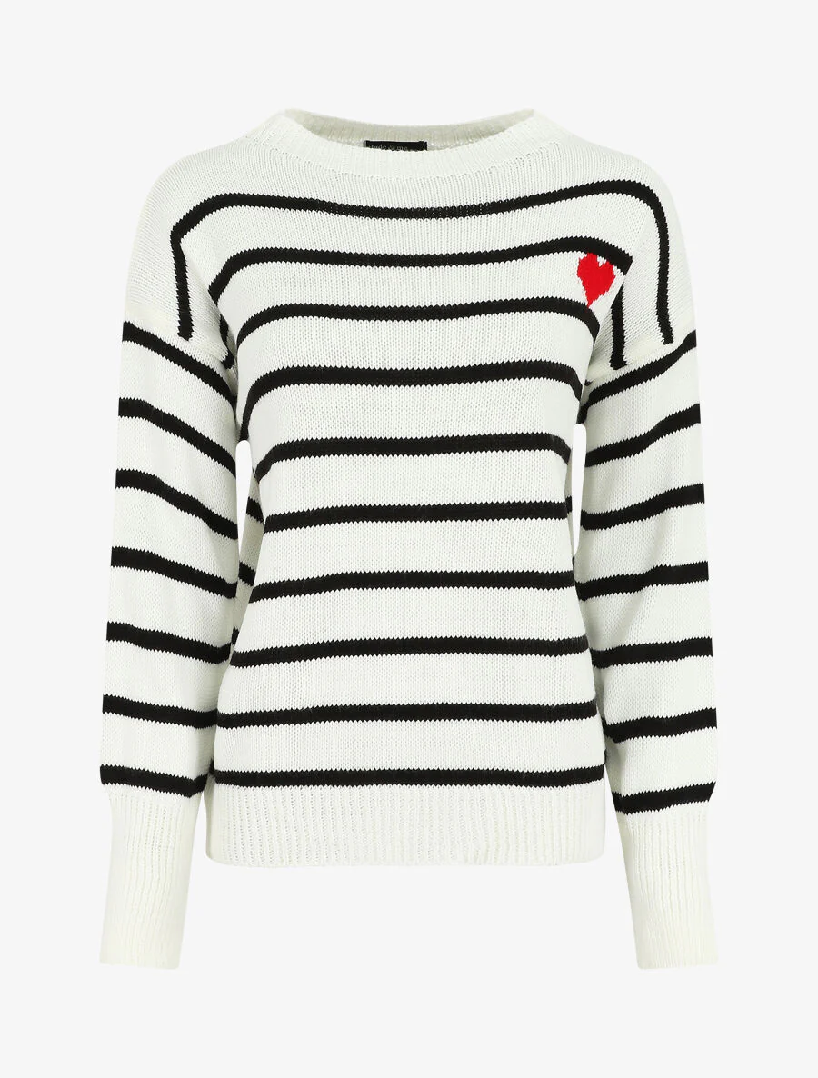 Pull rayé à coeur - Blanc