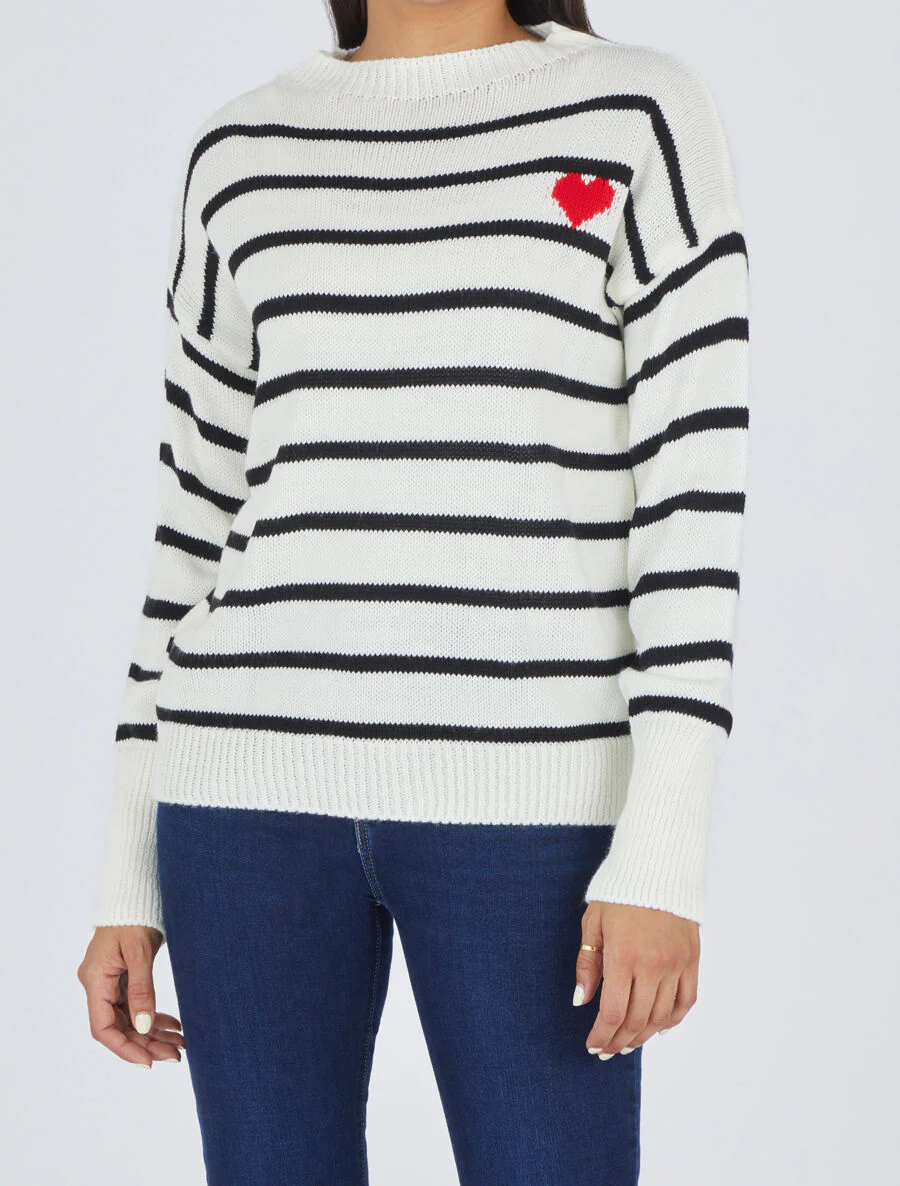 Pull rayé à coeur - Blanc - Image 4