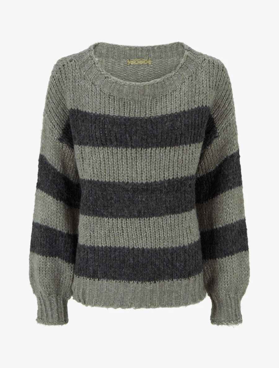 Pull rayé à col rond - Kaki