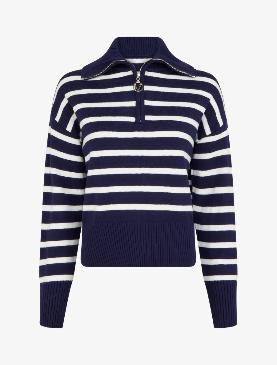 Pull rayé à col zippé - Marine