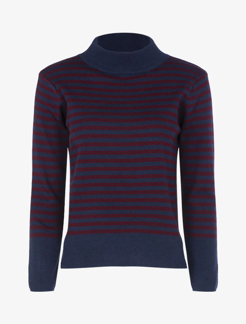 Pull rayé à dos plus long - marine/bordeaux