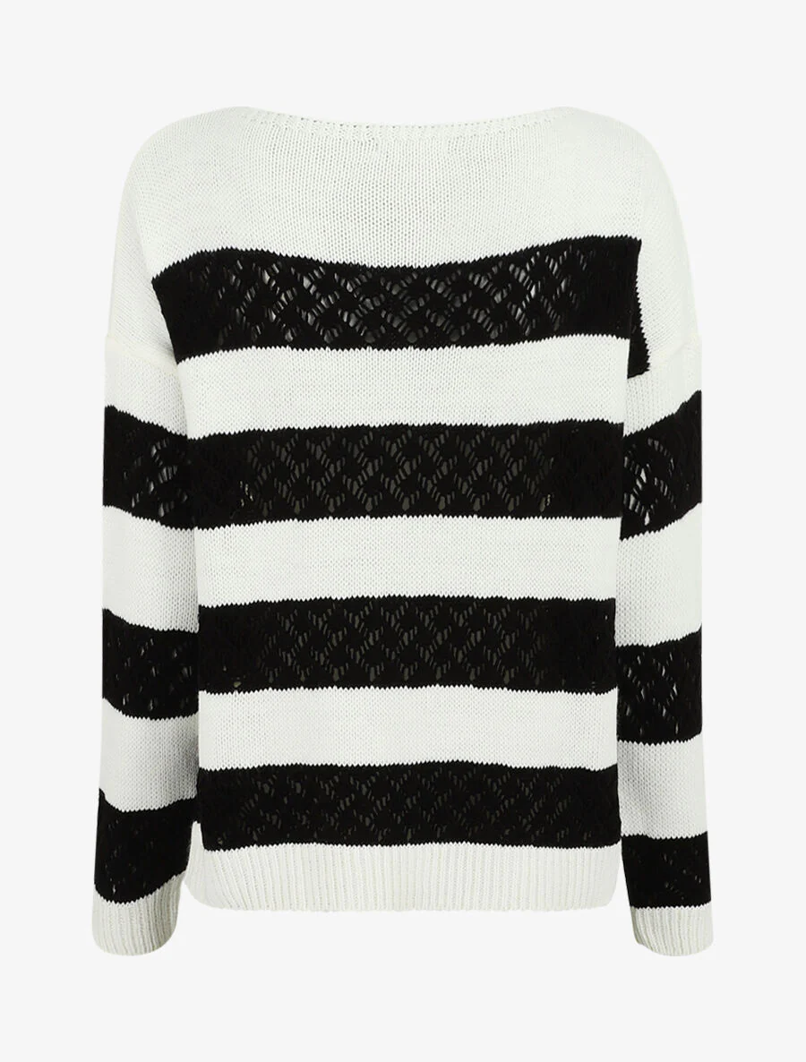 Pull rayé en maille ajourée - Noir - Image 2