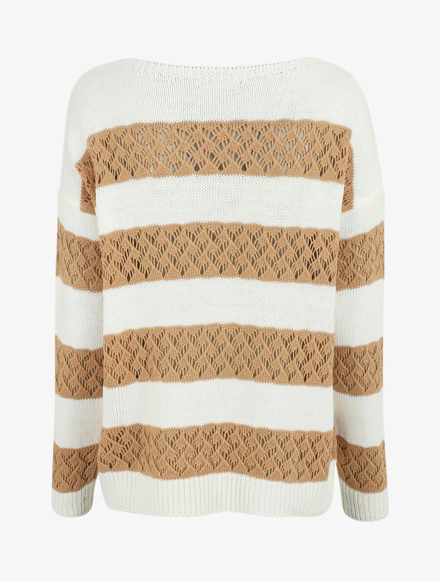 Pull rayé en maille ajourée - Camel - Image 2