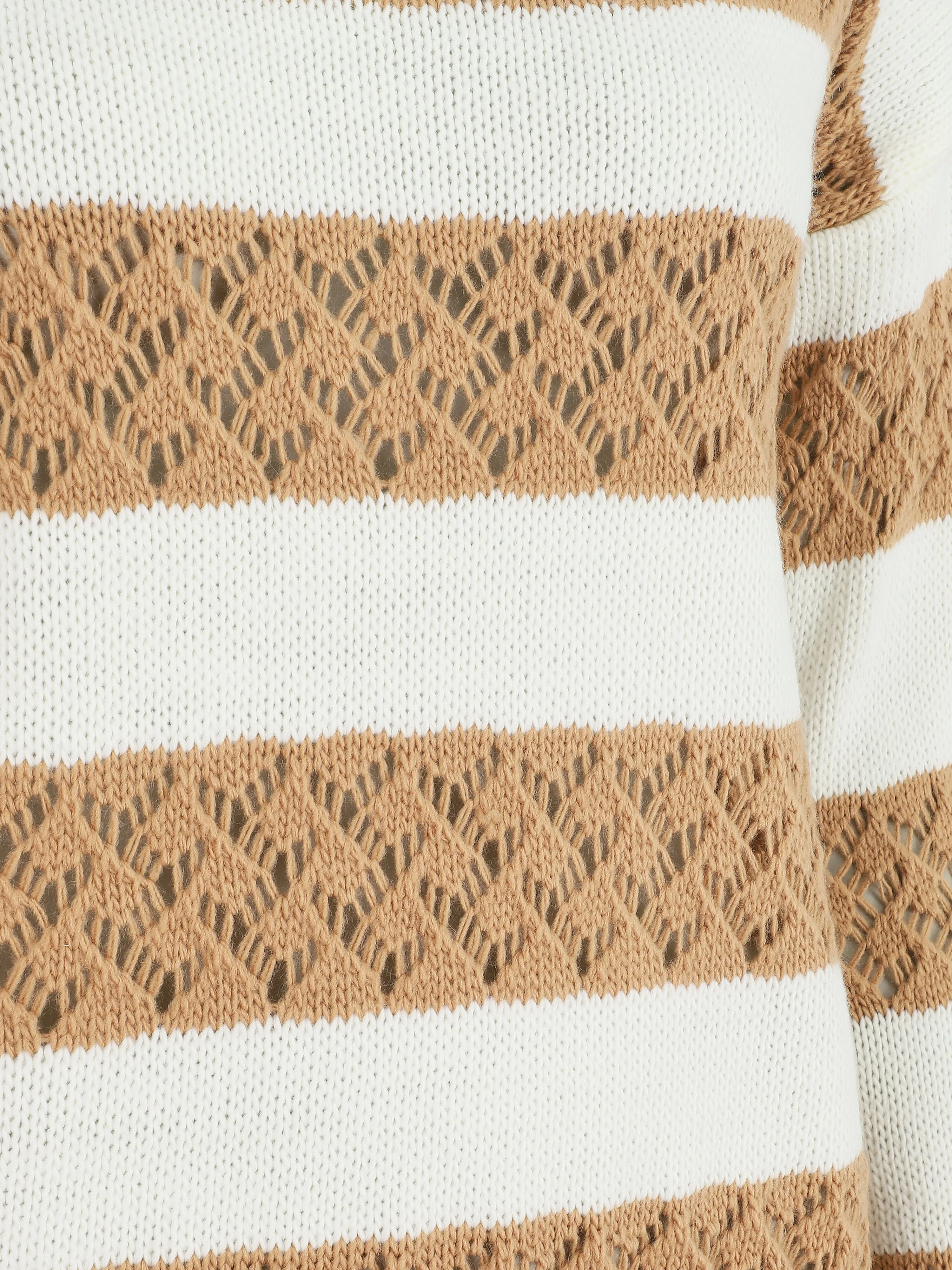 Pull rayé en maille ajourée - Camel - Image 3