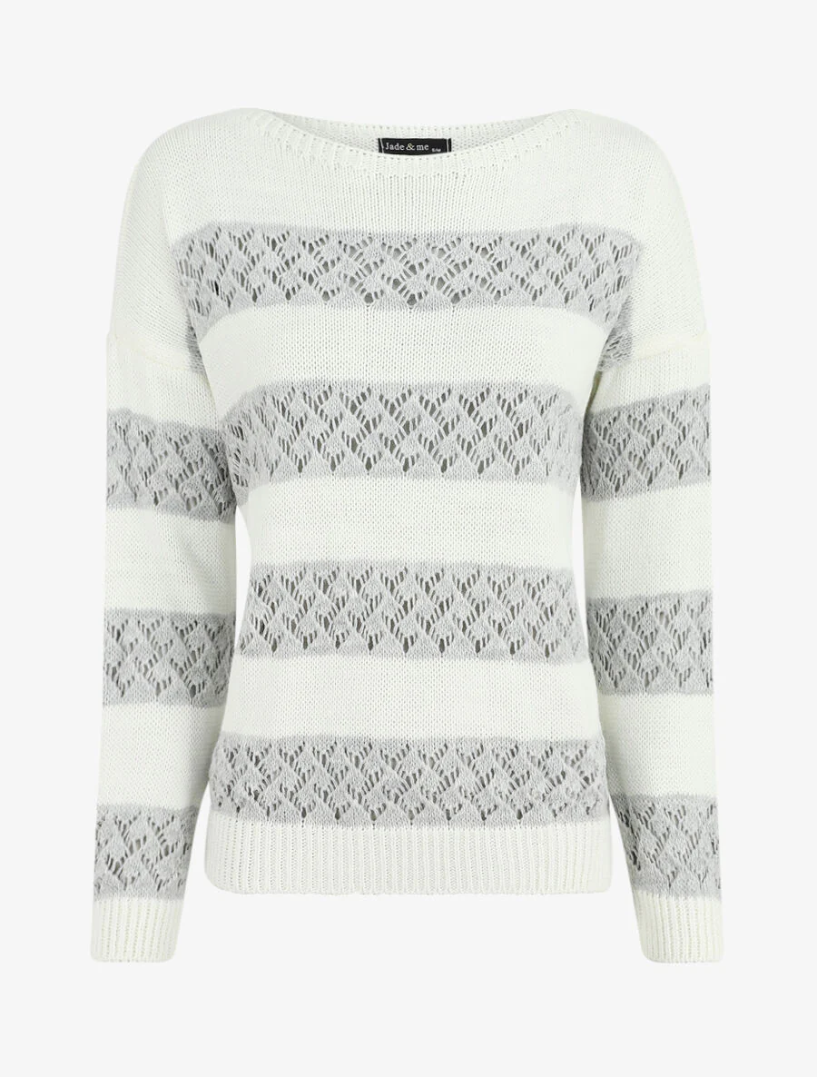 Pull rayé en maille ajourée - Gris clair