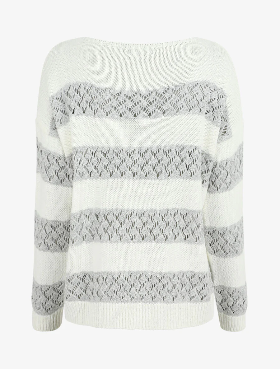 Pull rayé en maille ajourée - Gris clair - Image 2