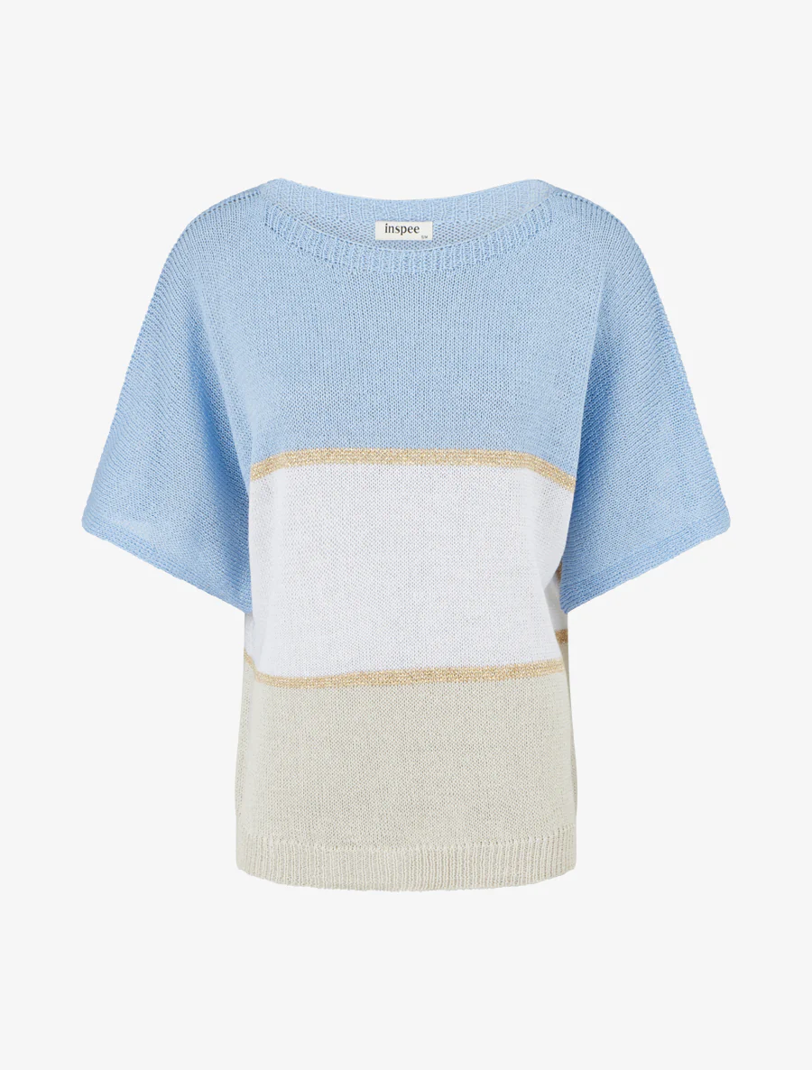 Pull rayé fin à manches courtes - Bleu ciel