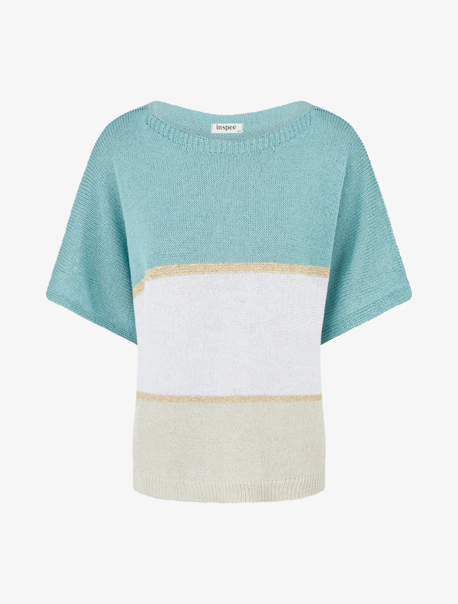 Pull rayé fin à manches courtes - Turquoise