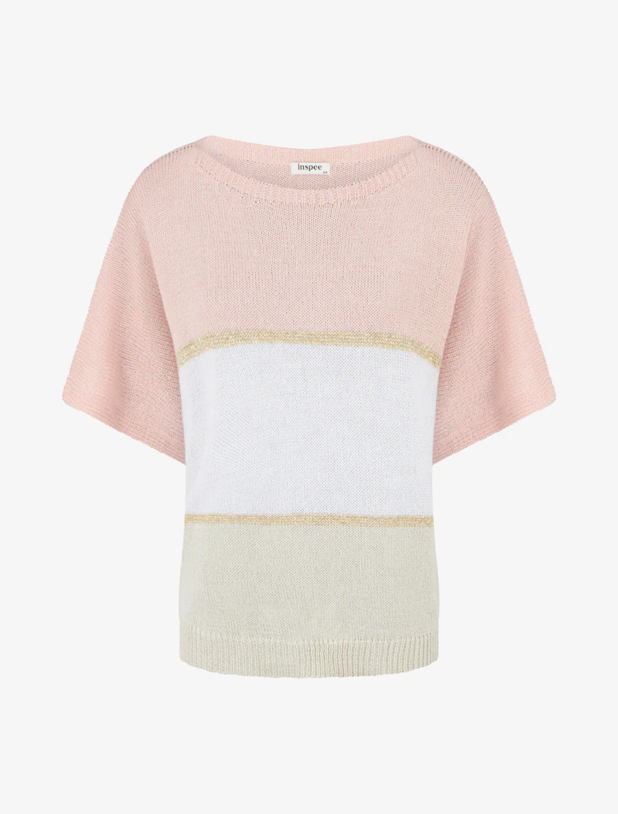 Pull rayé fin à manches courtes - Rose