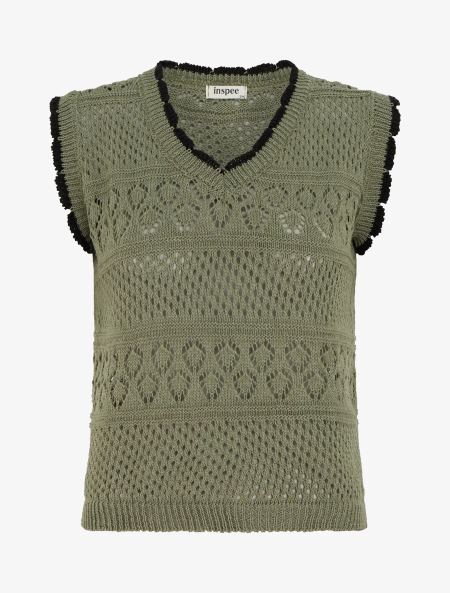 Pull sans manches à col contrastant - Kaki