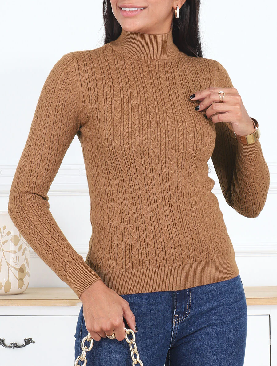 Pull texturé à col montant - Camel - Image 3