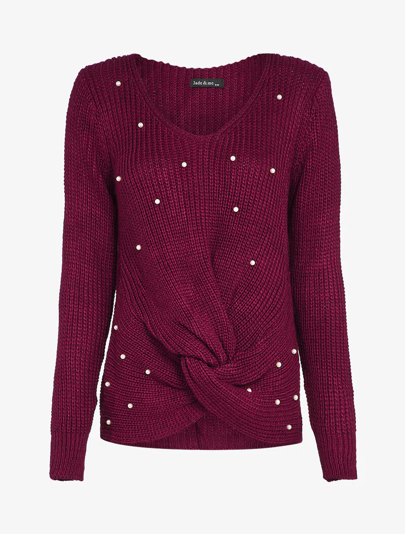 Pull torsadé à détails perles - Bordeaux