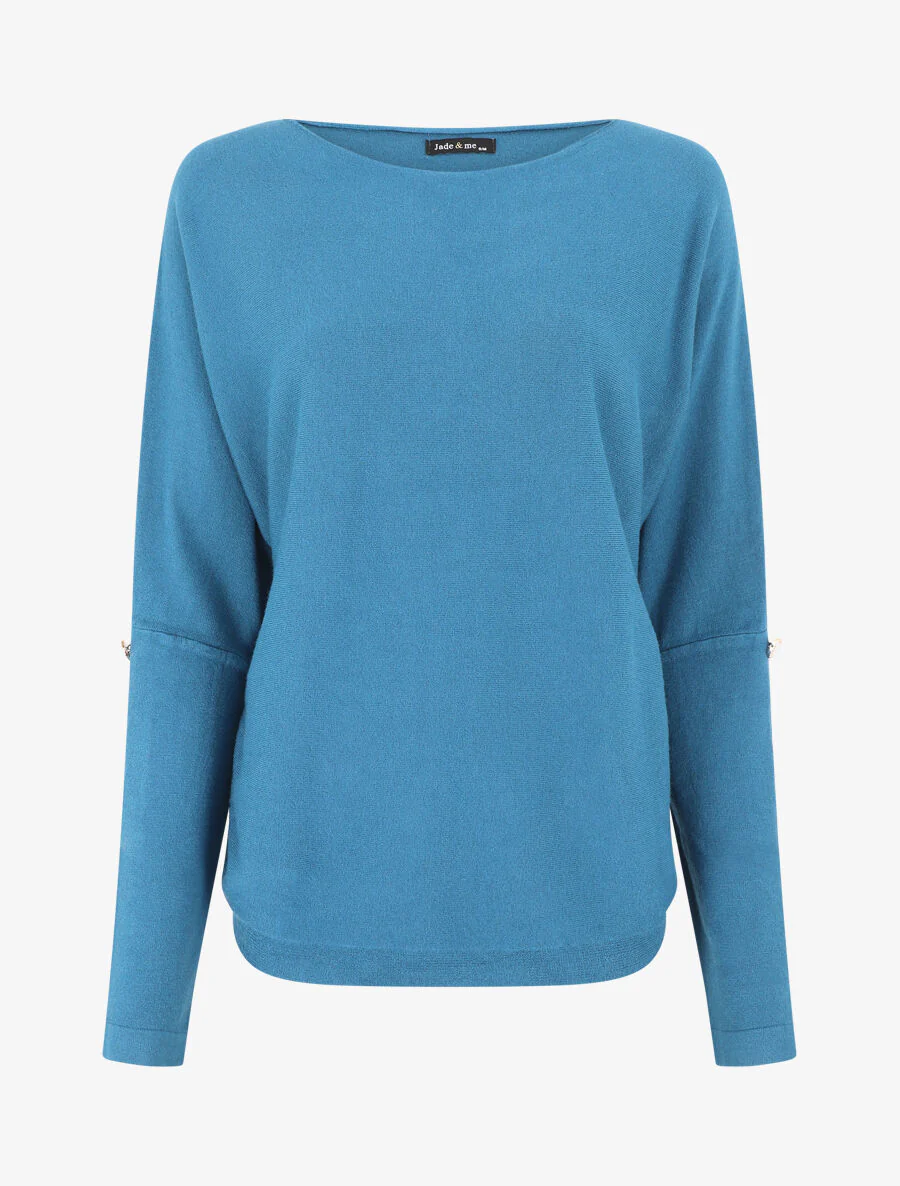 Pull uni à boutons décoratifs aux manches - Bleu canard