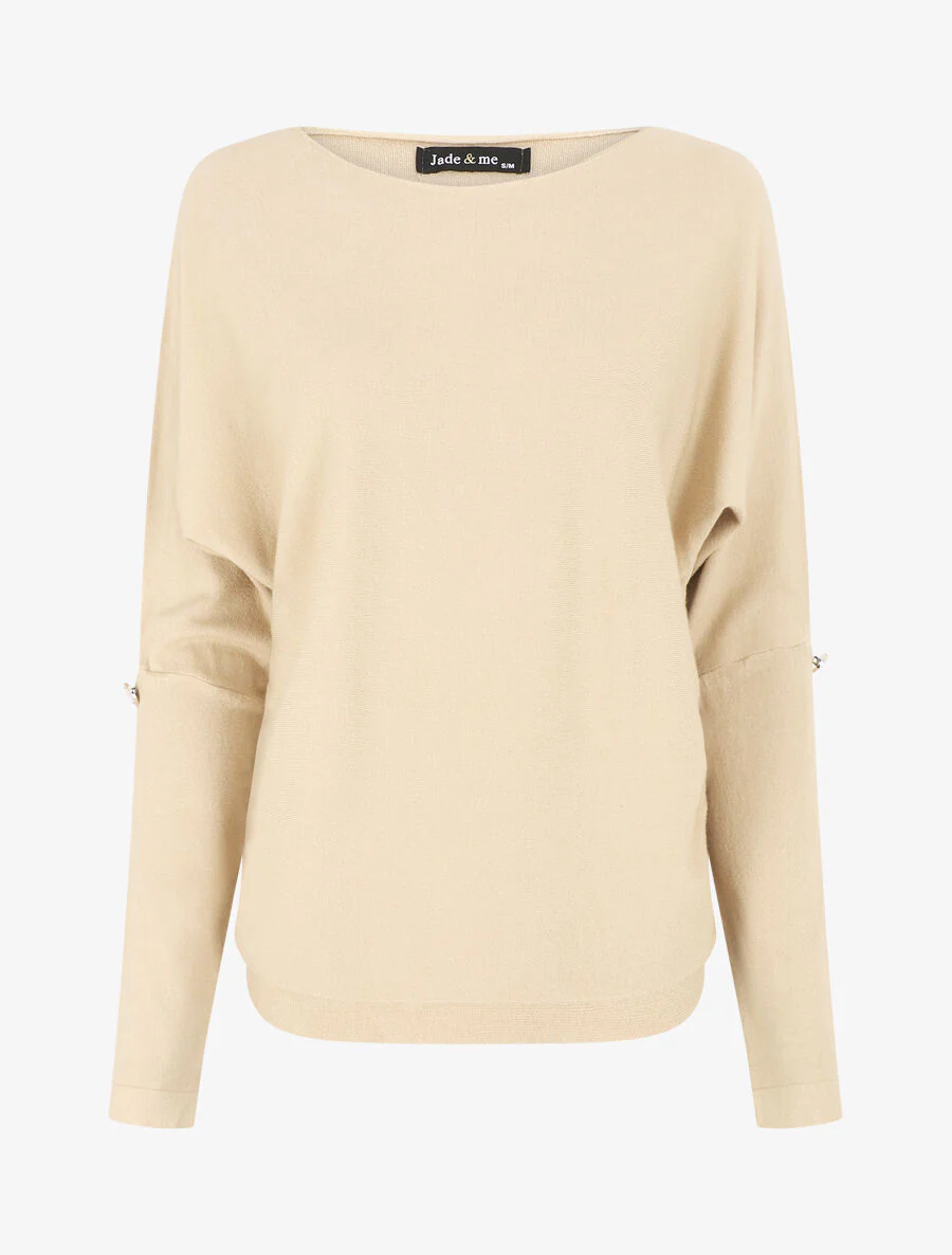 Pull uni à boutons décoratifs aux manches - Beige