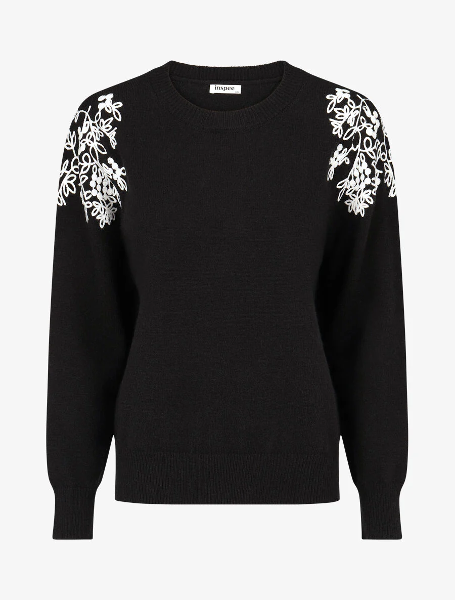Pull uni à broderies fleuries aux épaules - Noir
