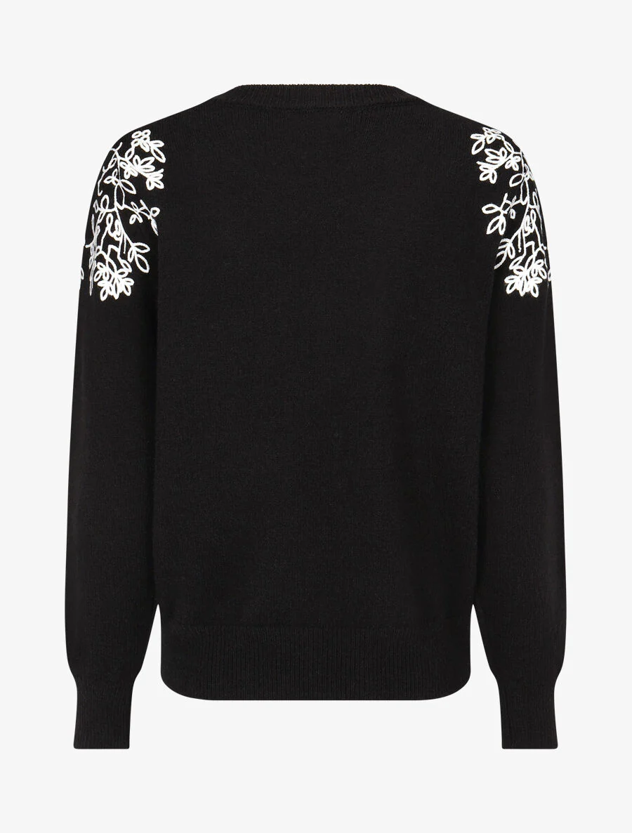 Pull uni à broderies fleuries aux épaules - Noir - Image 2