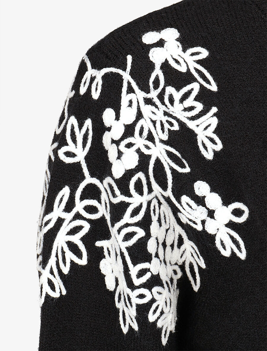 Pull uni à broderies fleuries aux épaules - Noir - Image 3