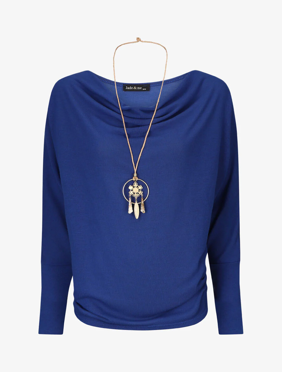 Pull uni à col bénitier et sautoir - Bleu électrique
