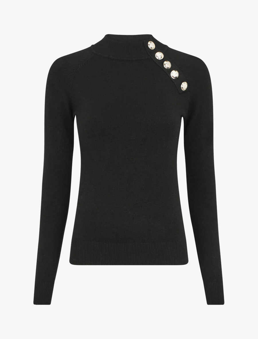Pull uni à col montant et boutons décoratifs - Noir