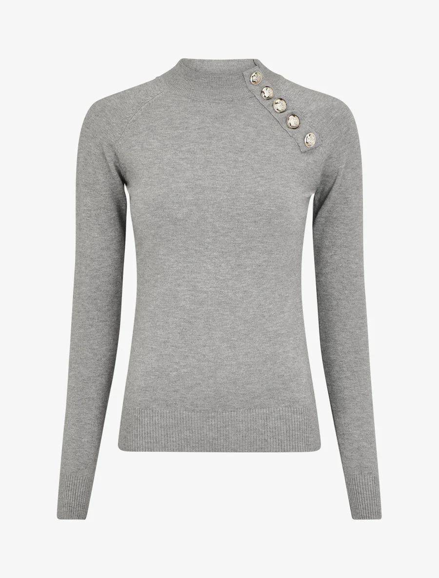 Pull uni à col montant et boutons décoratifs - Gris