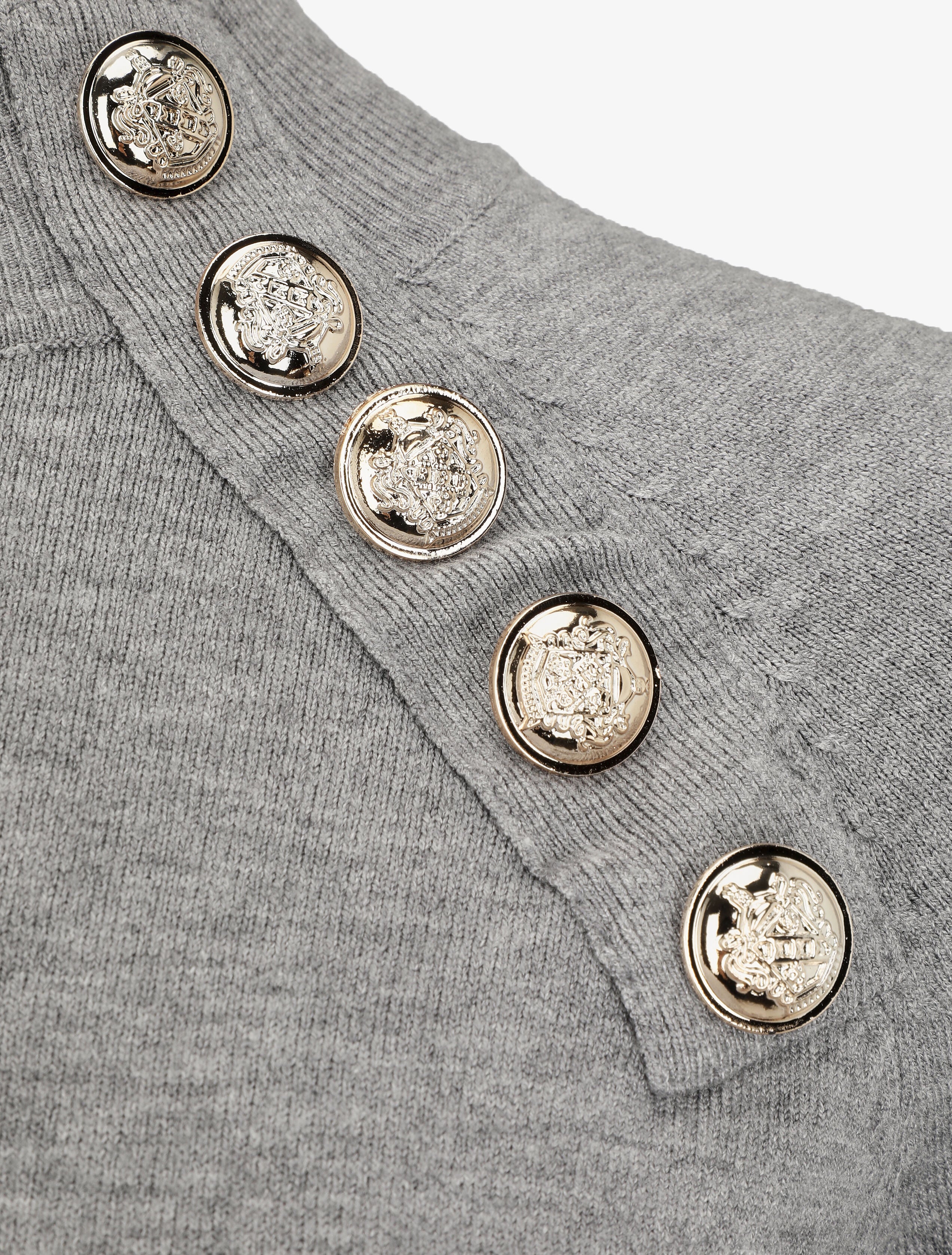 Pull uni à col montant et boutons décoratifs - Gris - Image 3